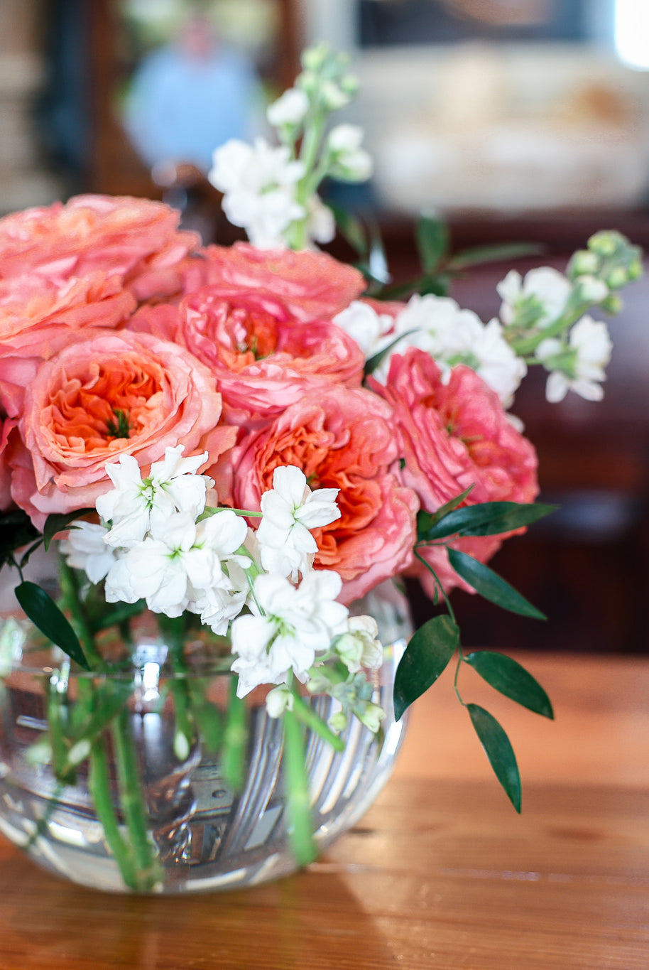 Pink and white flower arrangement in a vase