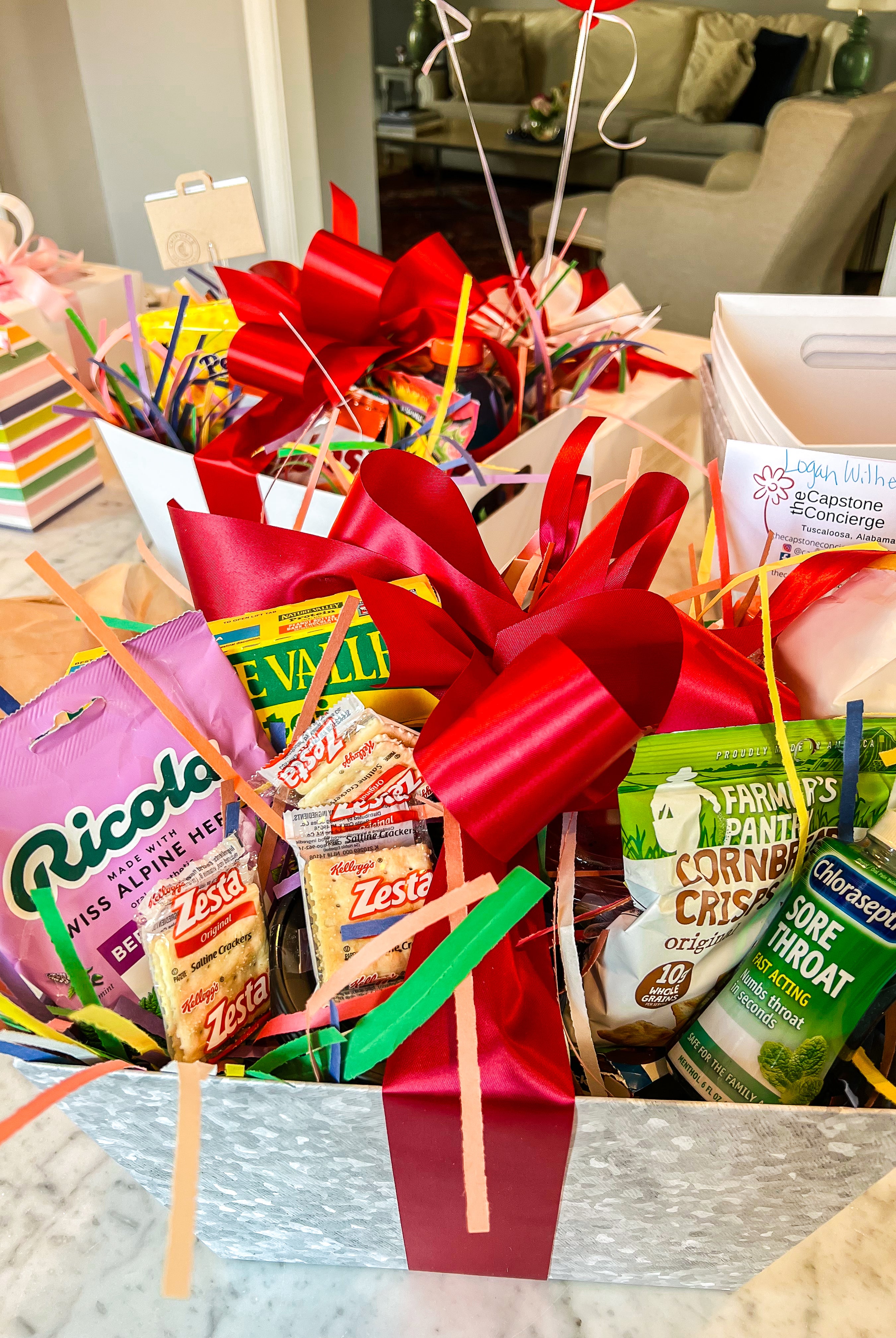 Get well soon baskets with crackers, granola bars and medicine