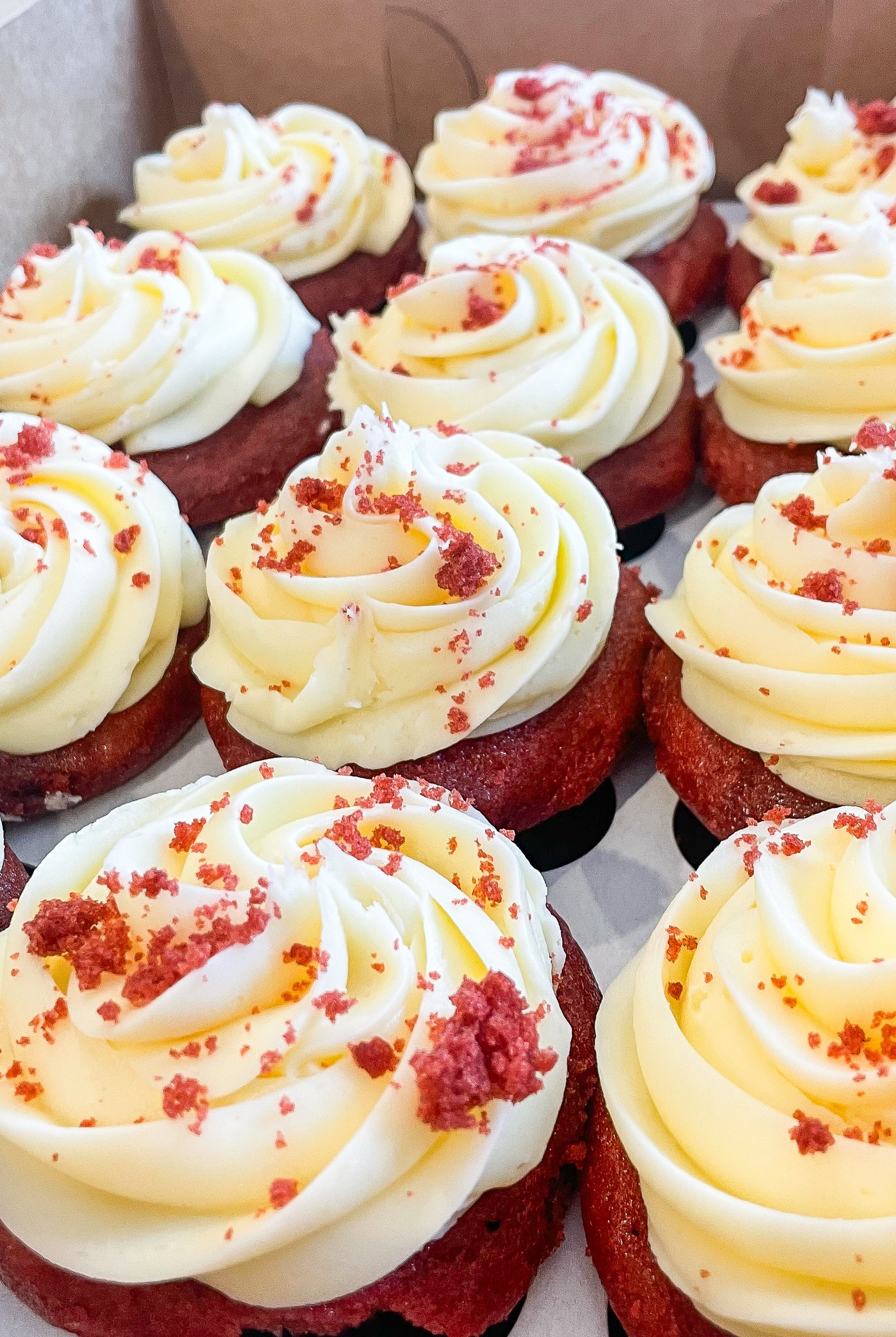A box of a dozen red velvet cupcakes